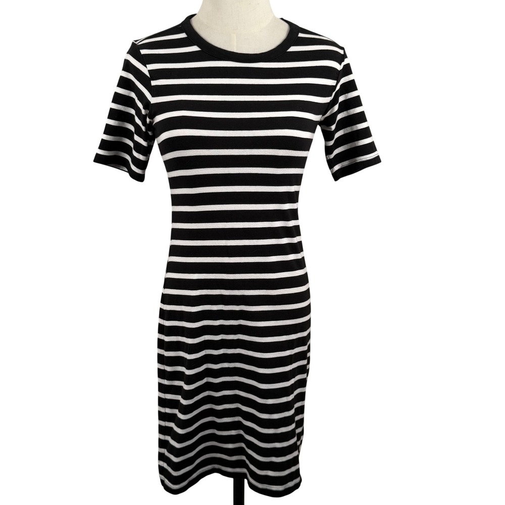 Old Navy XS T Shirt Midi‎ Dress Black White Breton Striped Cotton Modal Stretch